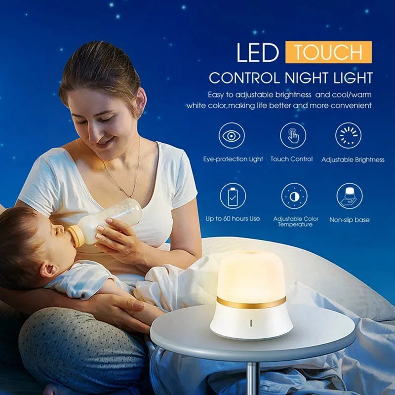 White bedside night light with touch controls, motion sensor, and compact 93mm x 110mm design
