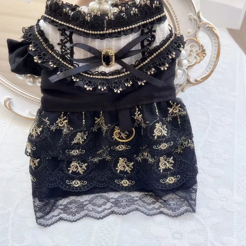 Golden gothic princess skirt costume for small cat or dog with detailed sizing information