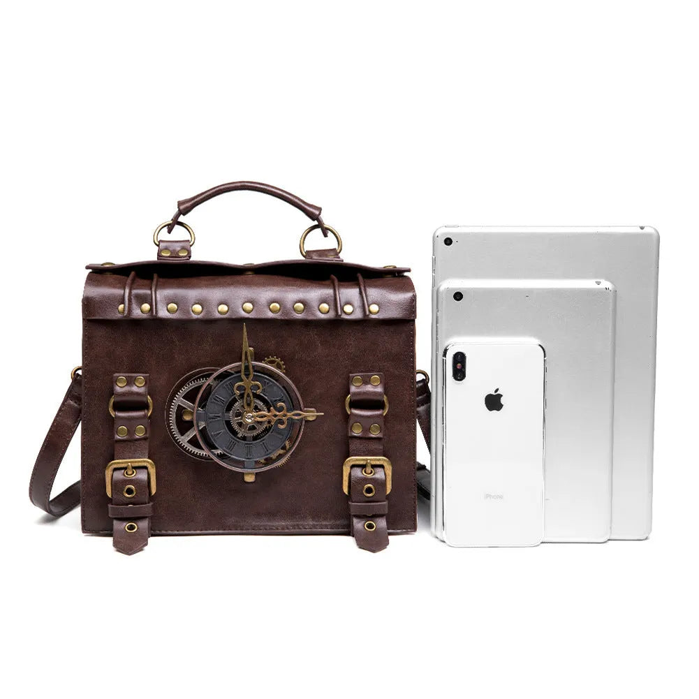 Bronze steampunk retro pillow shoulder bag with square shape and metal hardware.