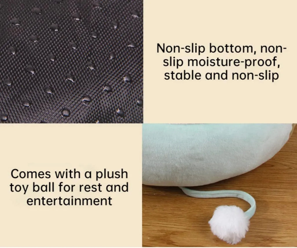 Green dinosaur and chick shaped cat bed shown both flat as a sofa and hanging as a hammock for small pets.