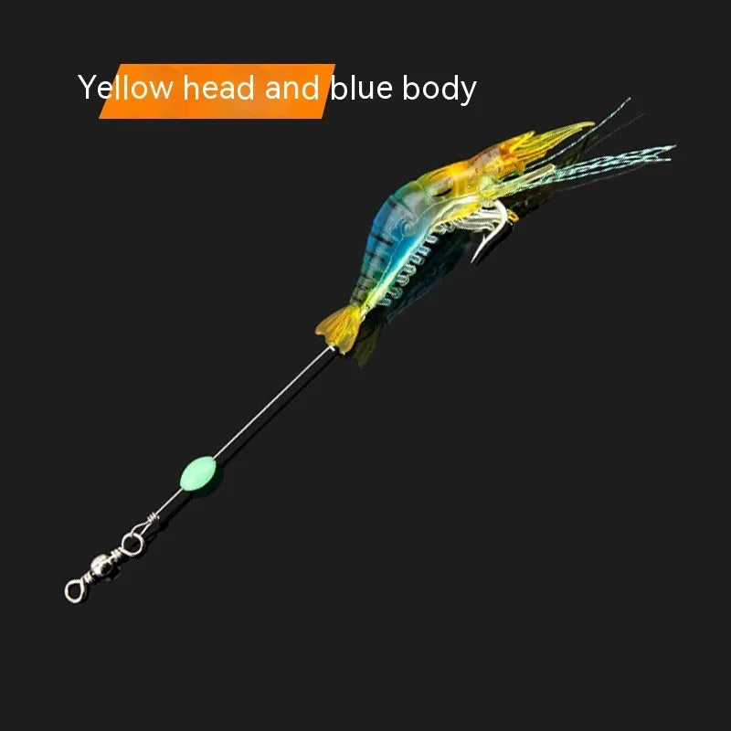Six Luer soft fishing lures with hooks in assorted colours including black head yellow body and luminous pink