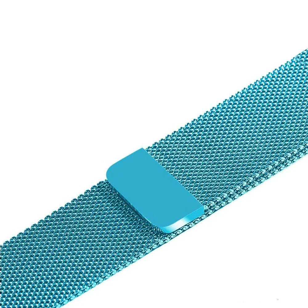 Stainless steel watch replacement strap in silver on a grey background showing adjustable links and buckle.
