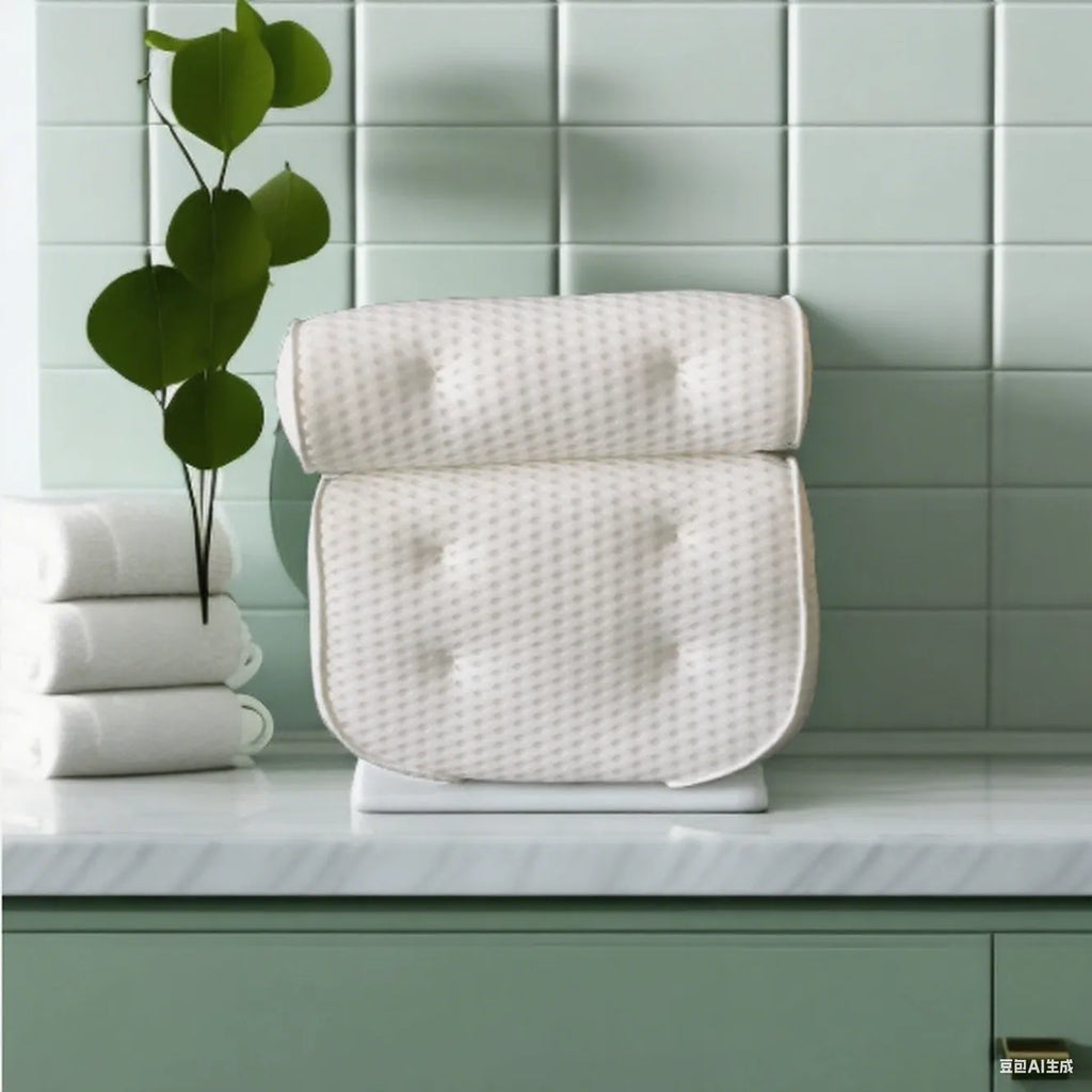 White 3D mesh bathtub pillow with seven suction cups on a bathtub.