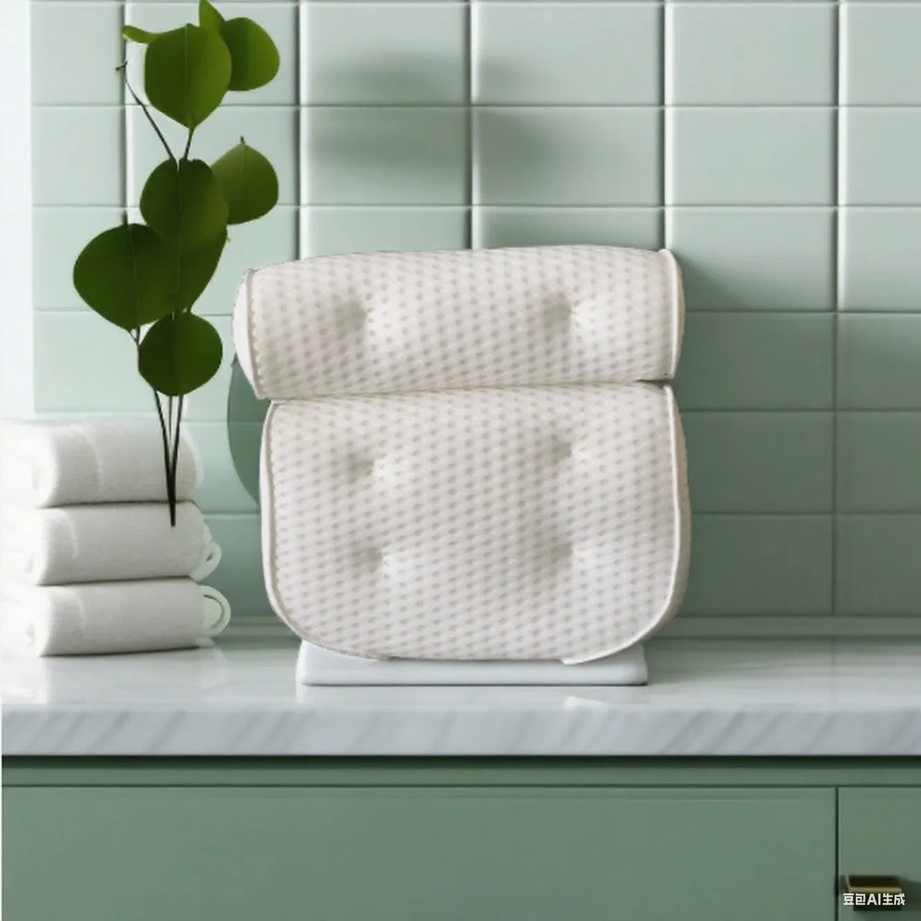 White 3D mesh bathtub pillow with seven suction cups on a bathtub.