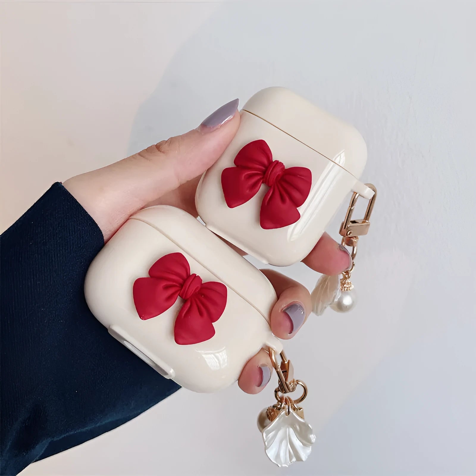 Beige red bow shell wireless earphone case for AirPods with clamshell design