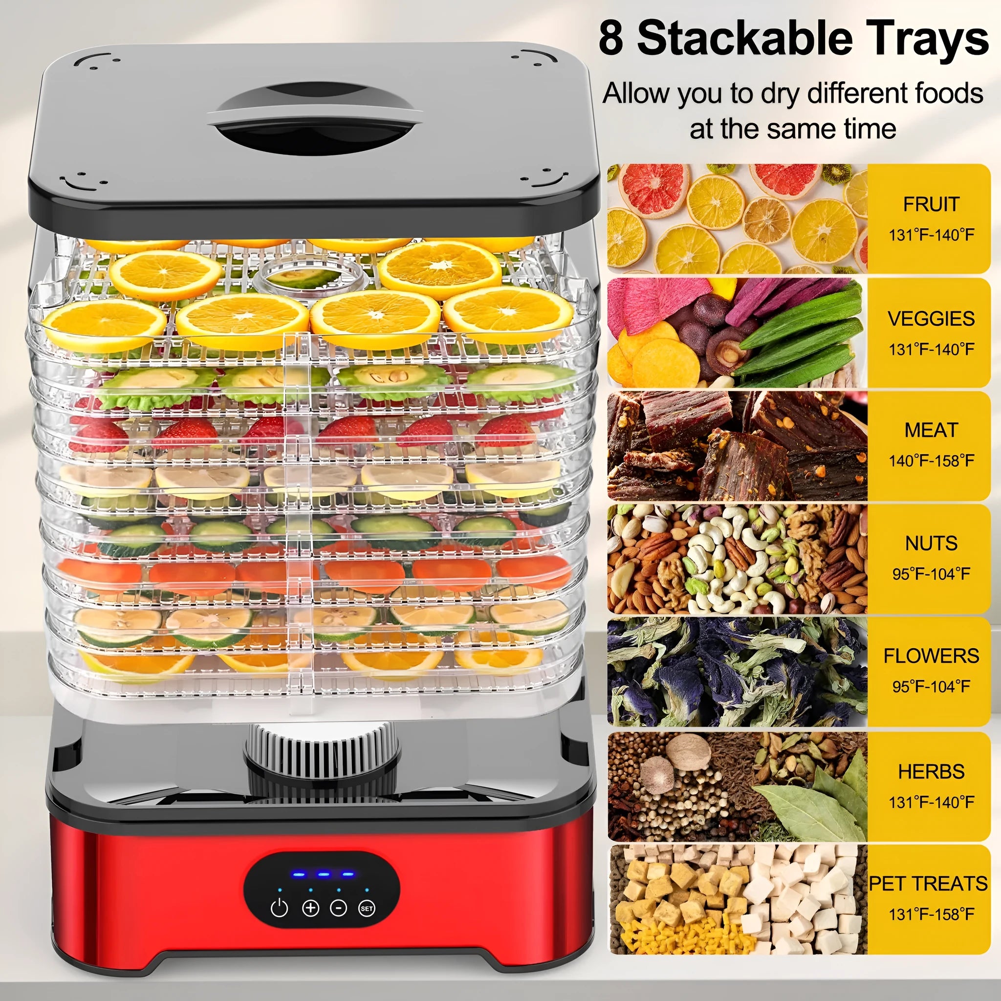 Silver and red household food dehydrator with 8 expandable drying trays.