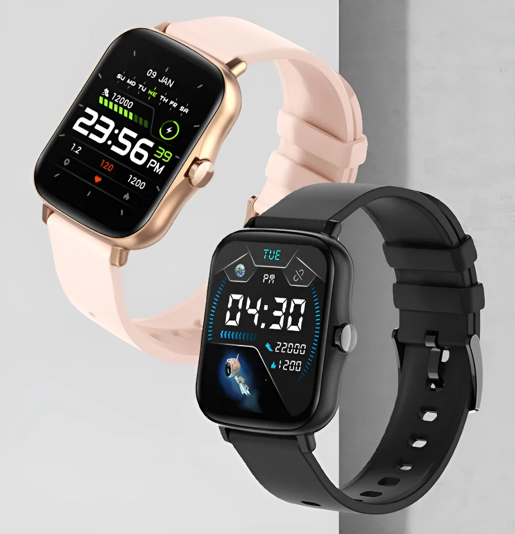 Smart watch with blue strap and 1.7-inch colour touch screen showing fitness stats