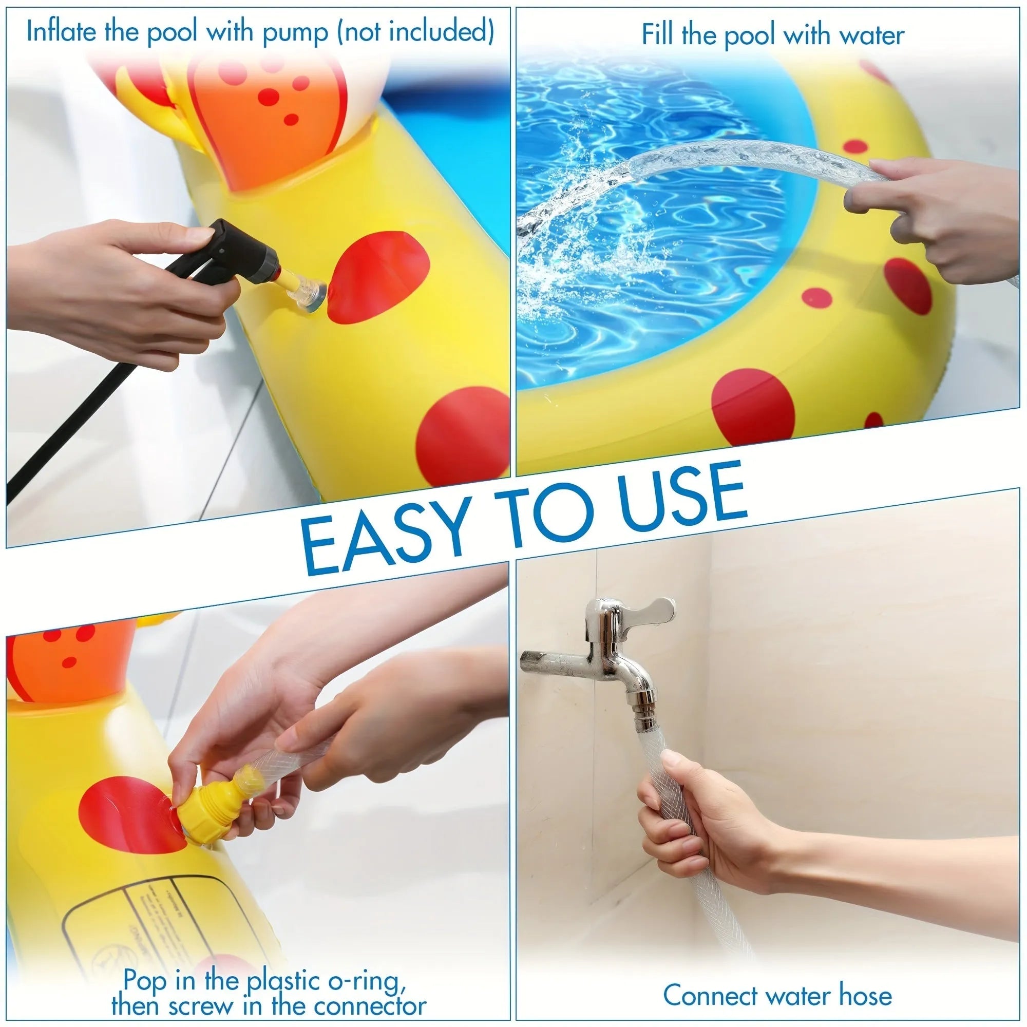 Blue and yellow dinosaur and shark themed large inflatable water spray pool for kids in a garden