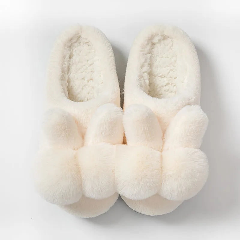 Women's rabbit fur winter slippers with high upper, floral pattern, and bunny-inspired fluffy design