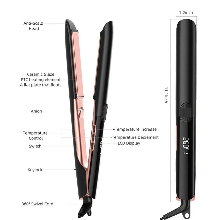 Hair straightener with digital temperature display showing 207℃ and anion technology label