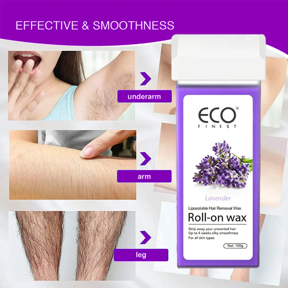 Pot of lavender-scented hair removal wax for body hair removal on legs, arms, underarms, and bikini line
