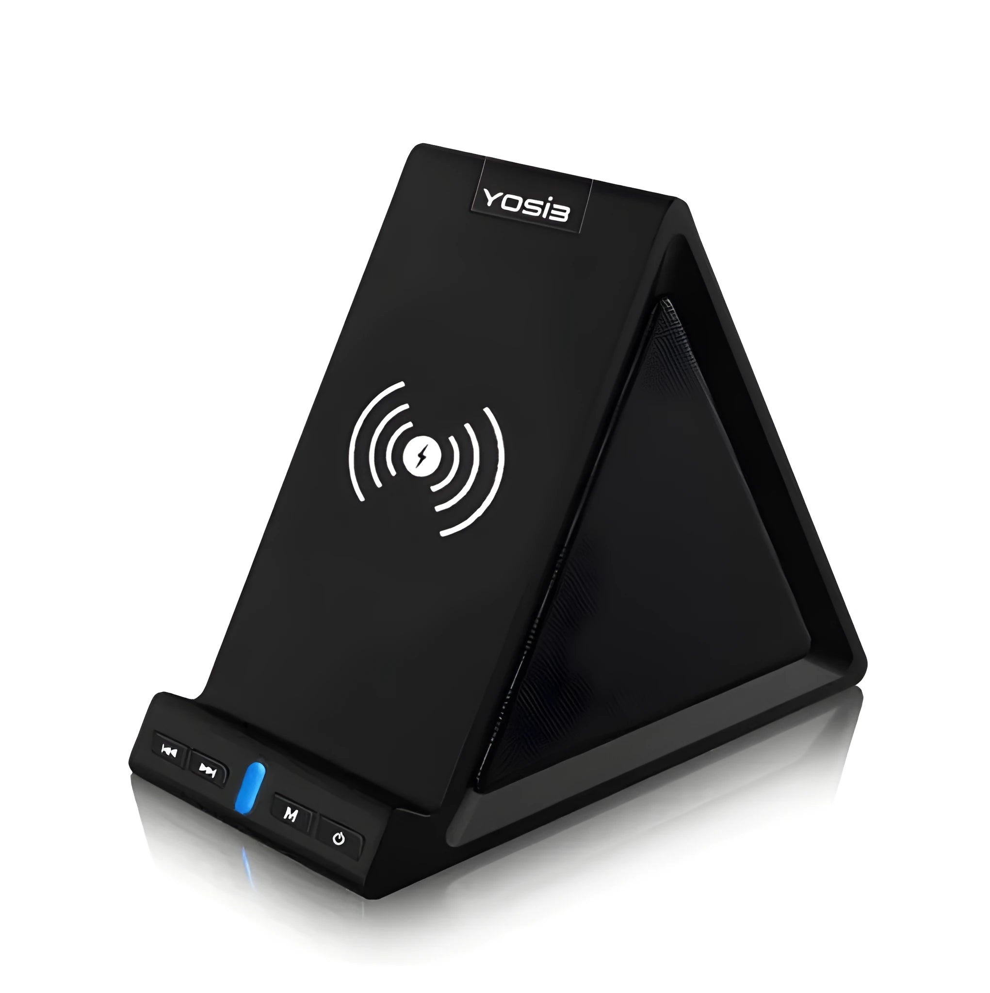 Black multifunctional Bluetooth speaker with integrated phone stand and wireless charging pad showing 165mm length