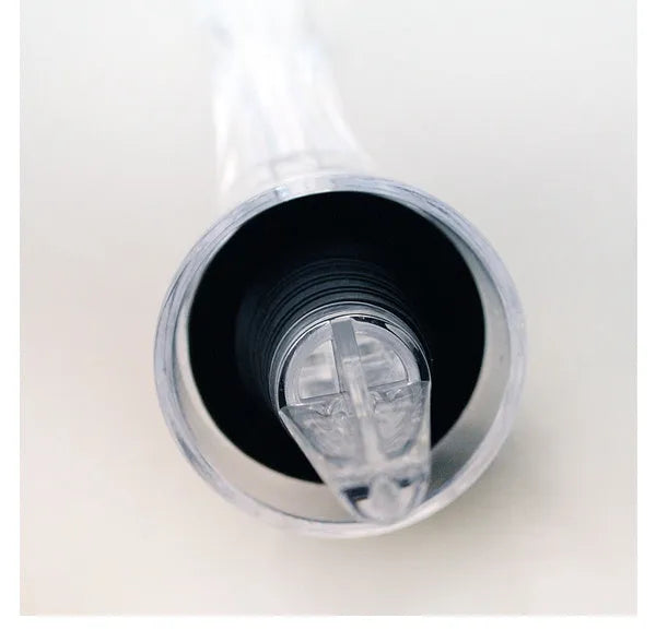 Clear acrylic wine aerator with stainless steel filter, 16cm long.