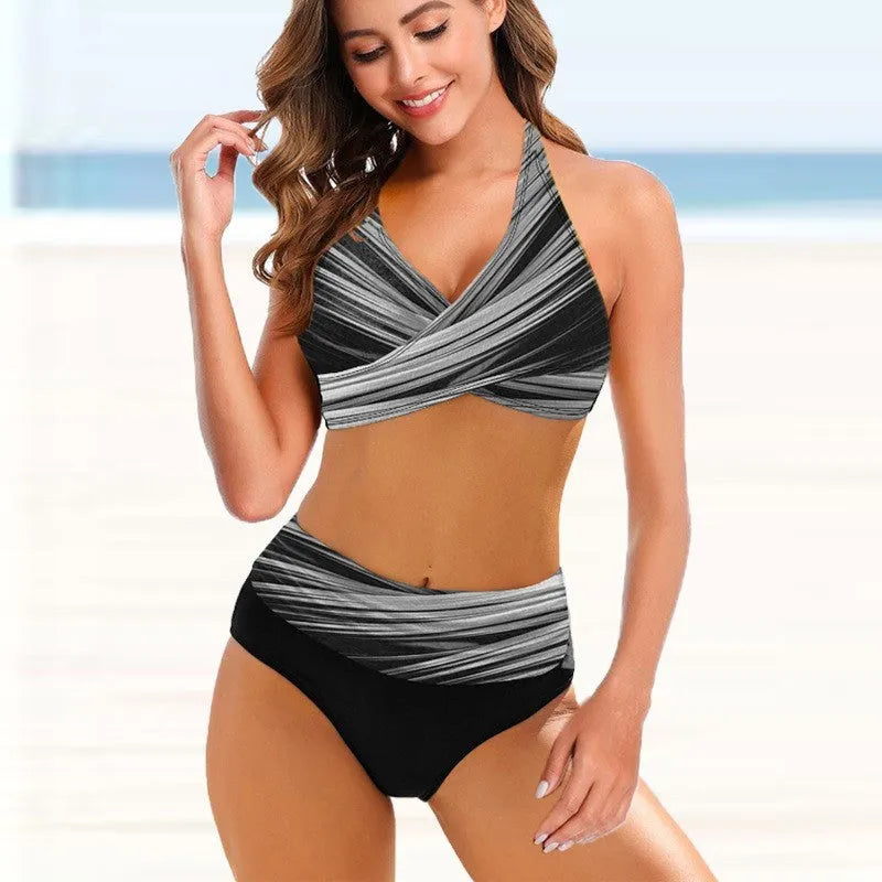 Ladies striped tie-dye bikini with high-waisted briefs and hollow backless design
