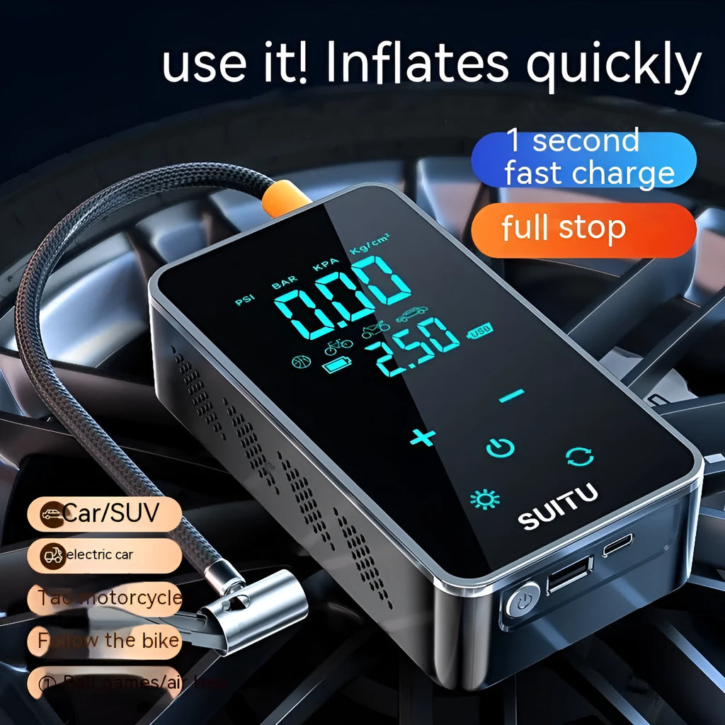 Compact black wireless car tyre inflator with LCD screen, air hose, and set of nozzles on a cloth bag.