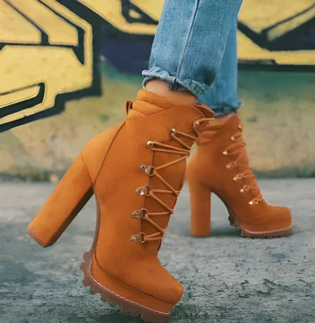 Women's suede high heel boots in army green with 8cm thick heels and round toe