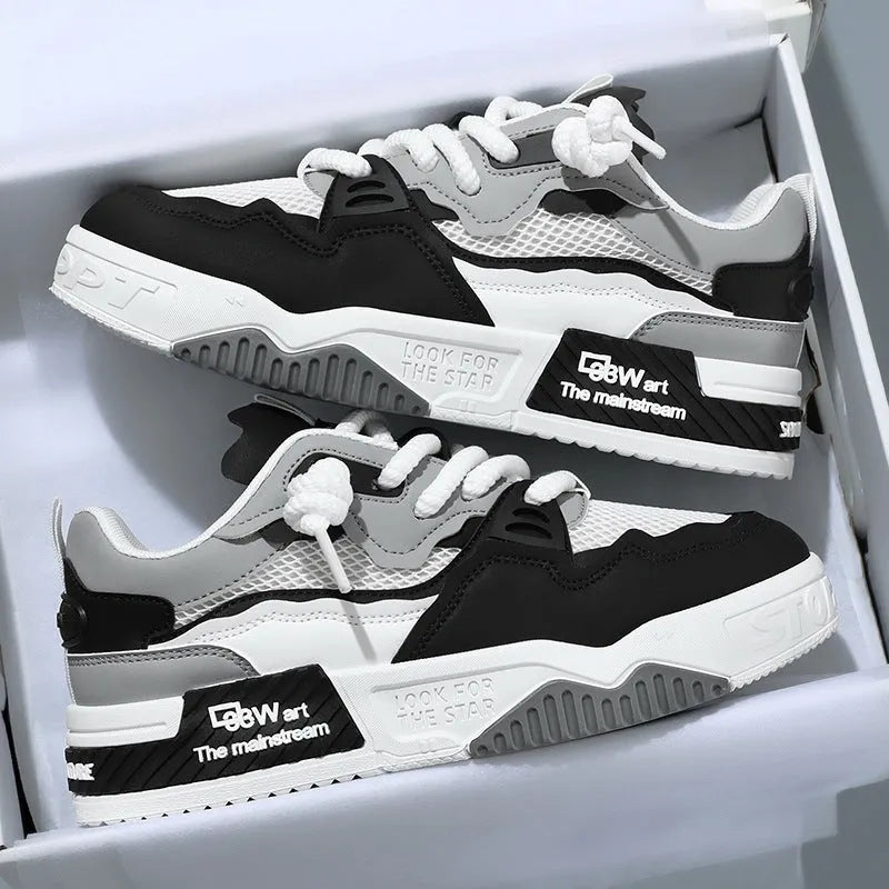 Men's soft bottom board shoes in three colour options: beige, white and black, white and yellow