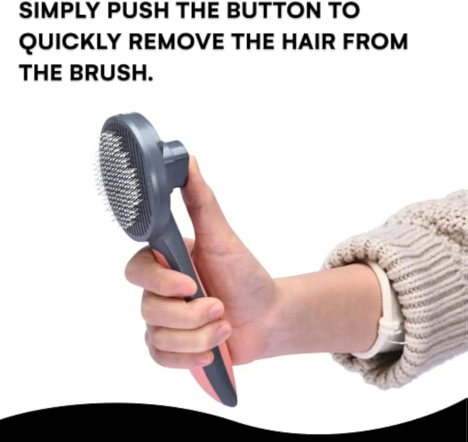 Gray self-cleaning slicker brush for pet grooming with one-click cleaning button on handle