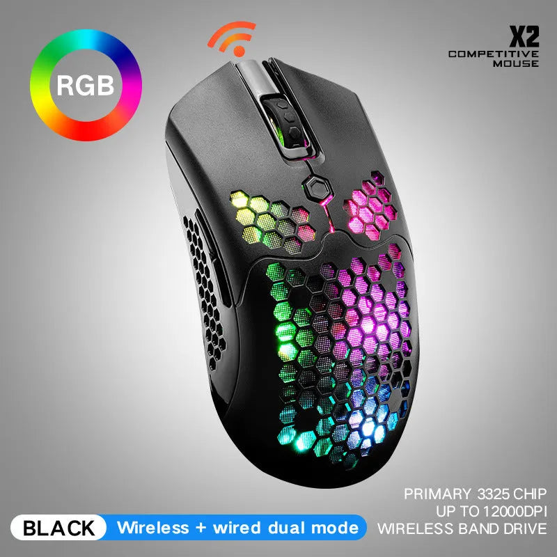 Wireless gaming mouse with RGB lighting in black, green, pink, white, and yellow colour options showing dual-mode connectivity