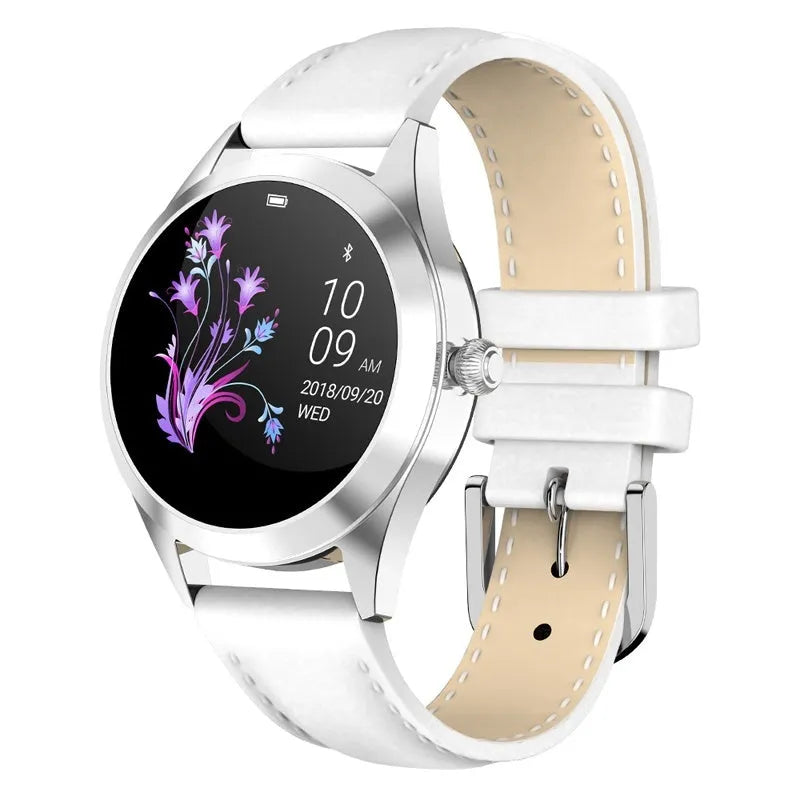 Women's smartwatch in black, rose gold, silver, or white with fitness tracking and phone notifications.