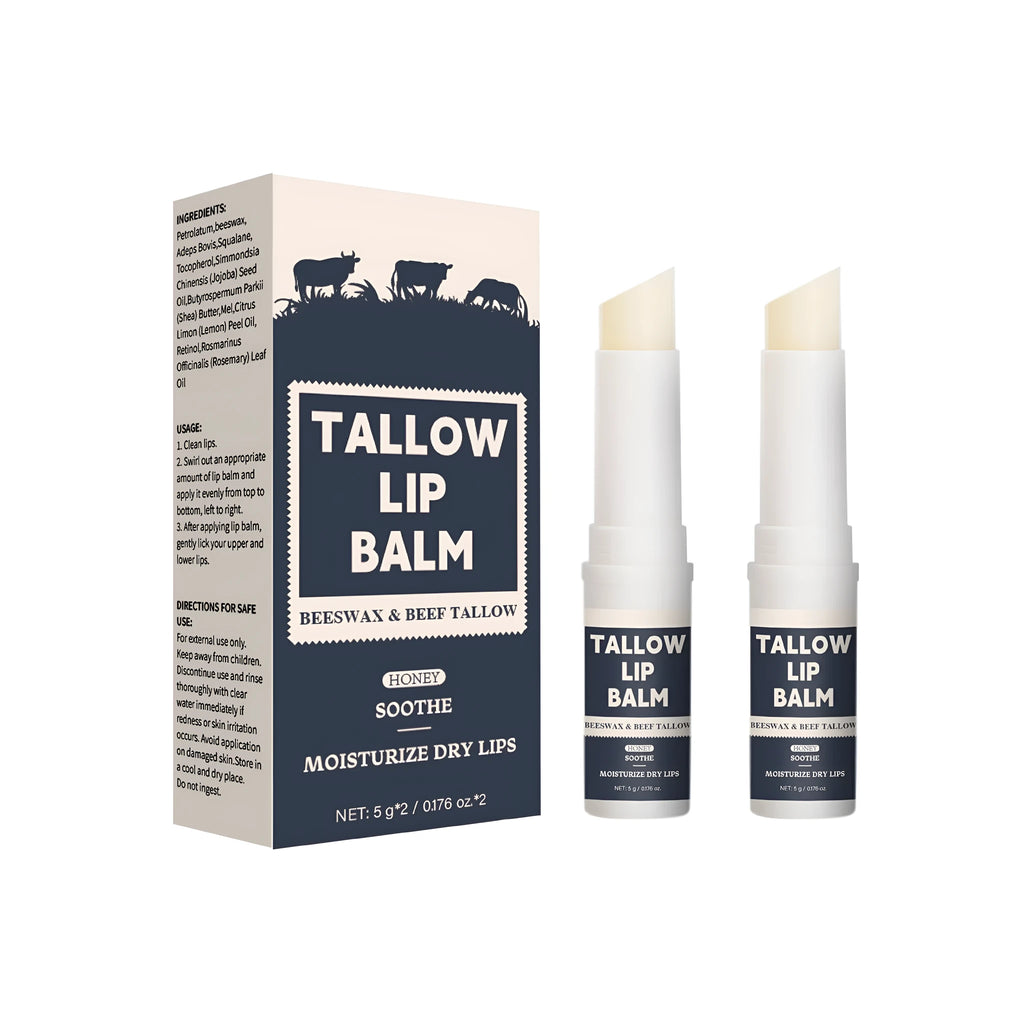 Two beef fat lip balm sticks with light grain texture for daily moisturising