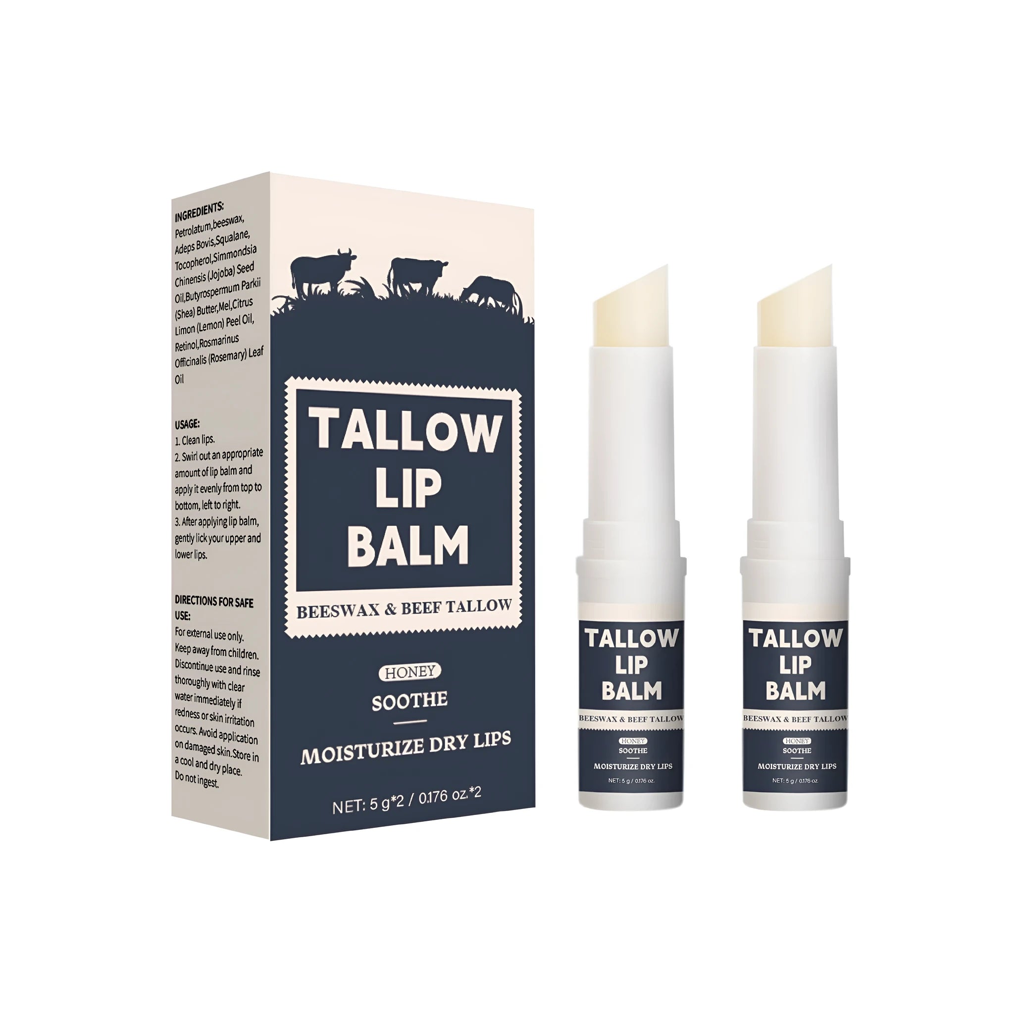 Two beef fat lip balm sticks with light grain texture for daily moisturising