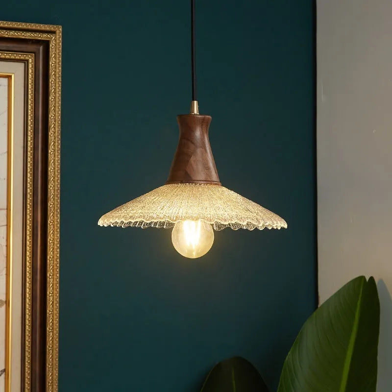 Wood and brass electroplated chandelier with glass shade in three sizes for commercial lighting