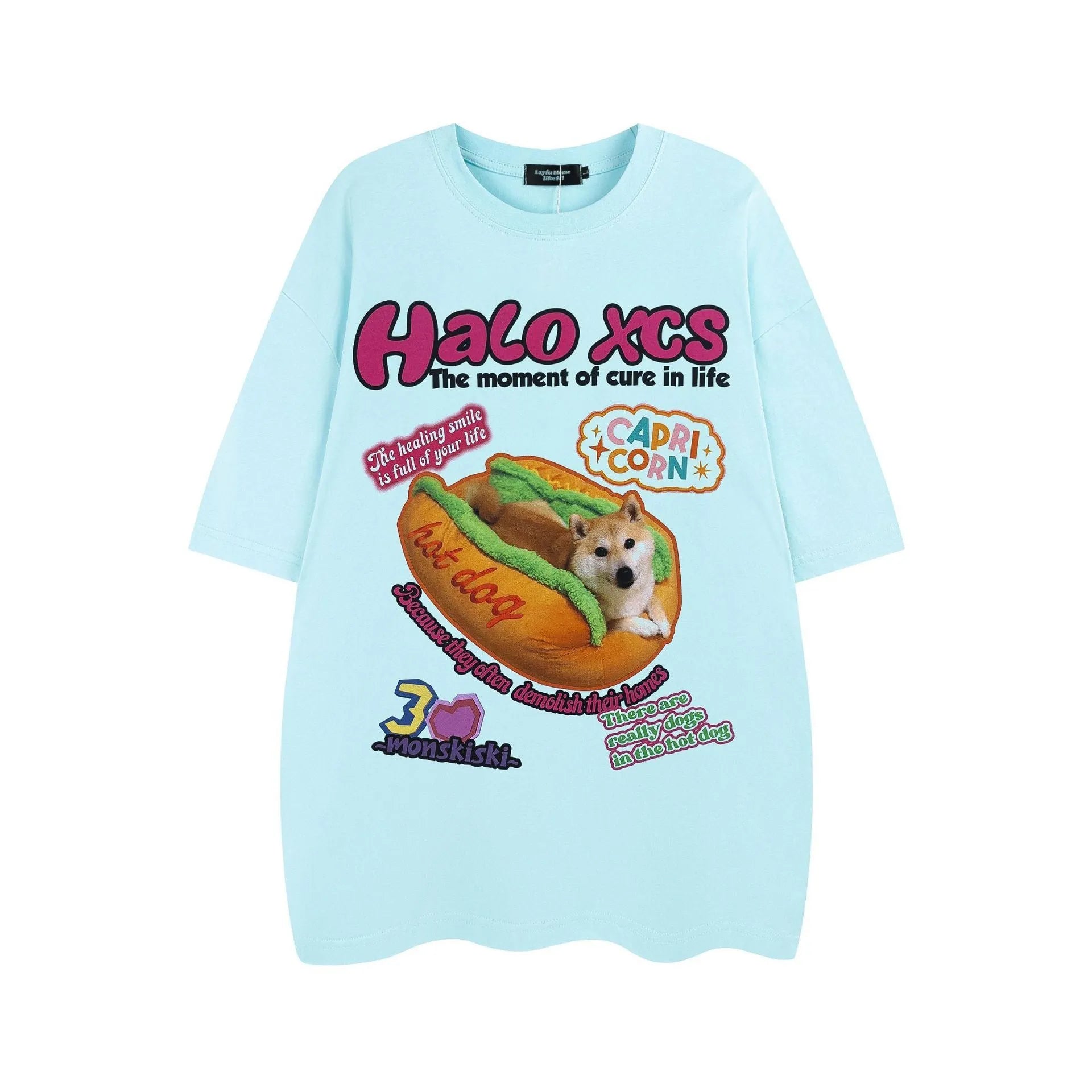 White short-sleeved cotton T-shirt with a cartoon print of a hamburger dog, showing a round neck and loose fit.