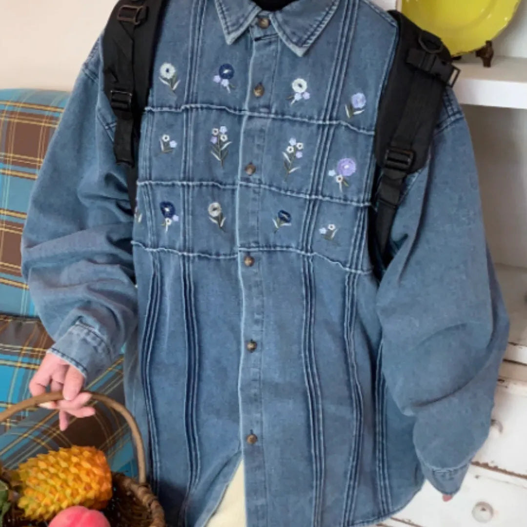 Vintage washed blue denim shirt with floral pleated detailing and long sleeves