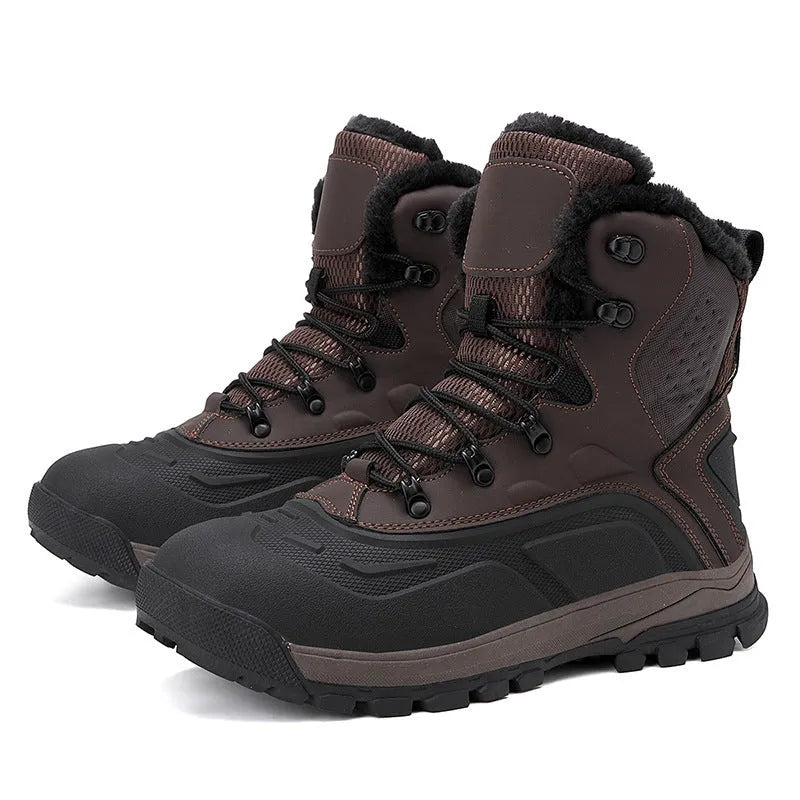 Men's black high-top winter boots with fleece lining and lace-up front on a flat sole.