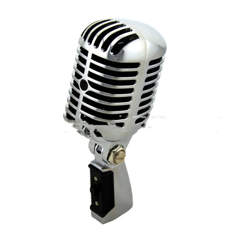 Silver retro dynamic microphone with all-metal body and heart-shaped polar pattern for stage and video use