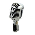Silver retro dynamic microphone with all-metal body and heart-shaped polar pattern for stage and video use