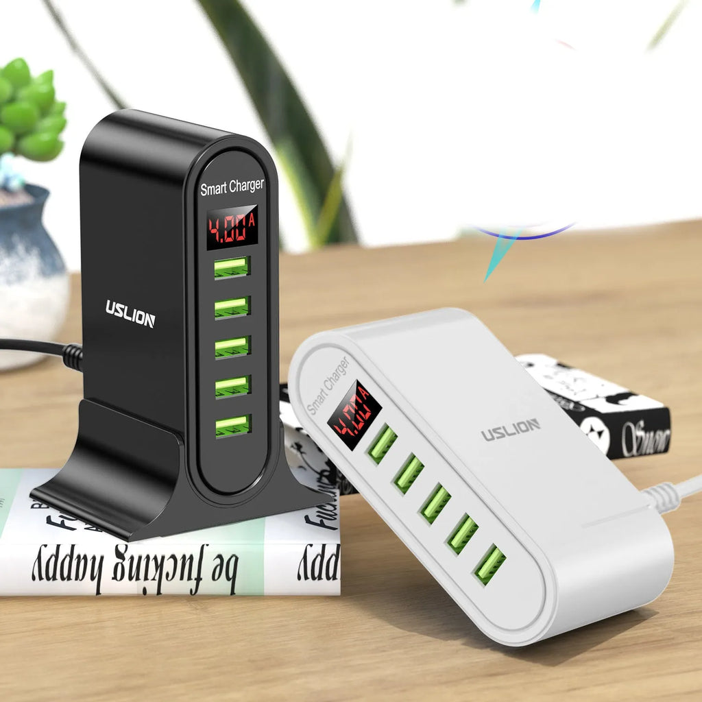 Black and white Smart LED Digital Display USB wall charger showing UK, US, and EU plug style options.
