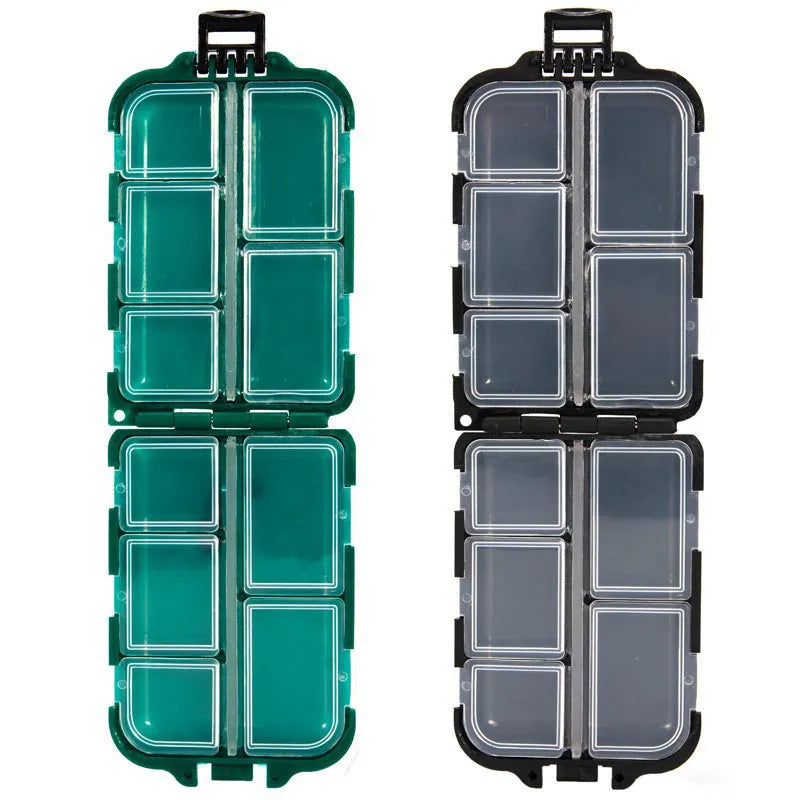 Small plastic fishing tackle storage box with 10 internal compartments in black, blue, or green.