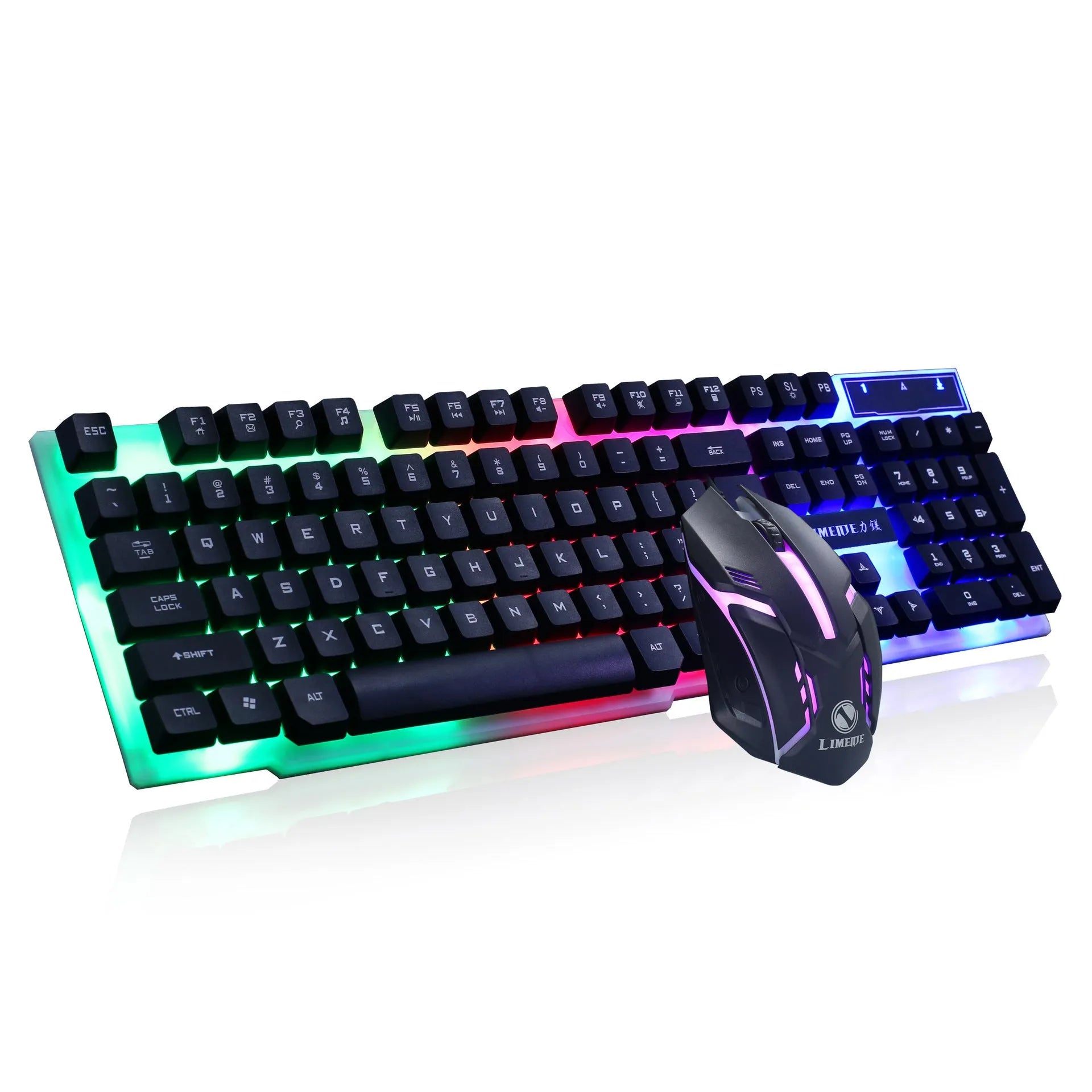 Limei GTX300 black and white gaming keyboard and mouse set with backlit keys on desktop