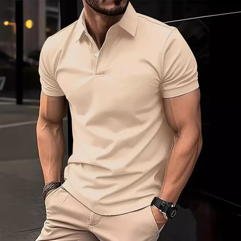 Men's solid colour slim fit short sleeve casual shirt with button front on a hanger.