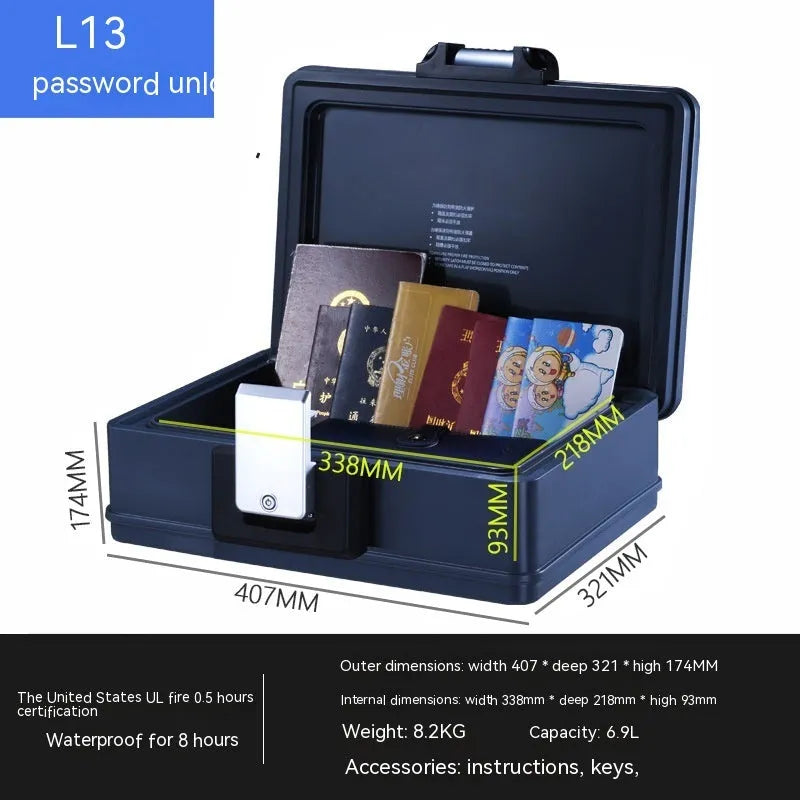 Portable small steel safe box with a mechanical combination lock on the front.