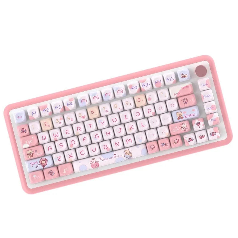 Sweet cotton candy coloured PBT plastic keycap set for mechanical keyboards, showing 112-key and 120-key options.
