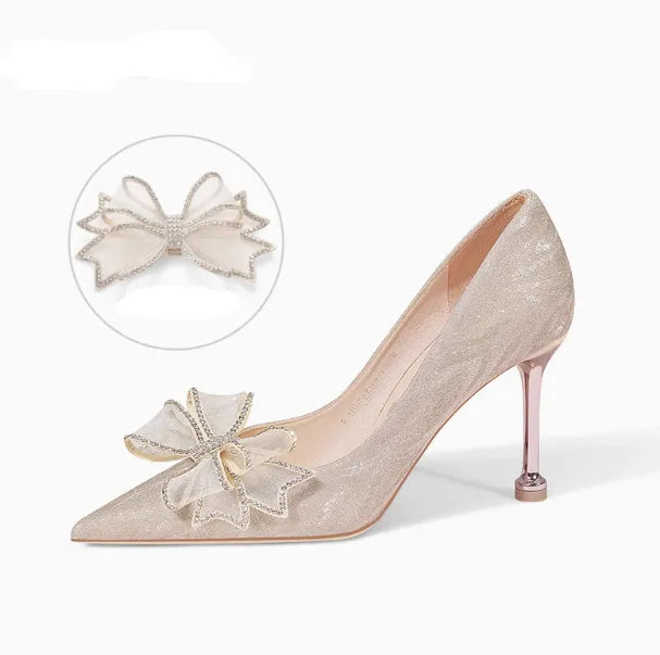 Women's champagne sequin stiletto heel pumps with pointed toe for wedding events