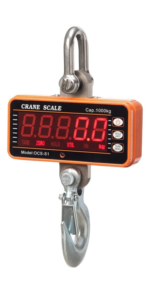 Orange electronic crane scale with direct digital display rated for 500kg load in warehouse
