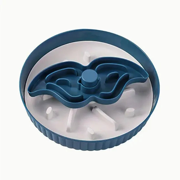 Interactive rotating slow feed pet bowl with silicone licking mat in blue windmill pattern