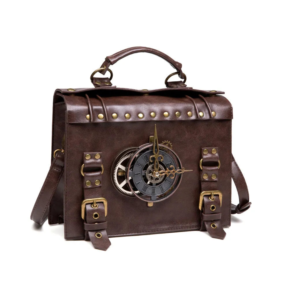 Bronze steampunk retro pillow shoulder bag with square shape and metal hardware.