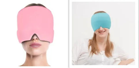Black adjustable cold compress gel eye mask for headache relief on a plain background.