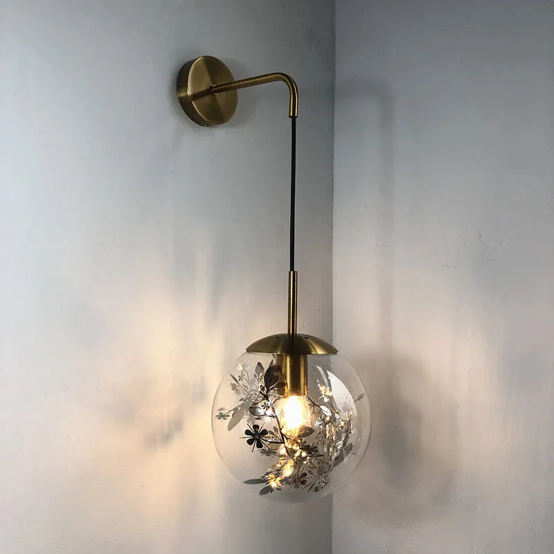 Glass shade wall lamp in golden or silver finish with 15cm or 20cm diameter for bedroom lighting