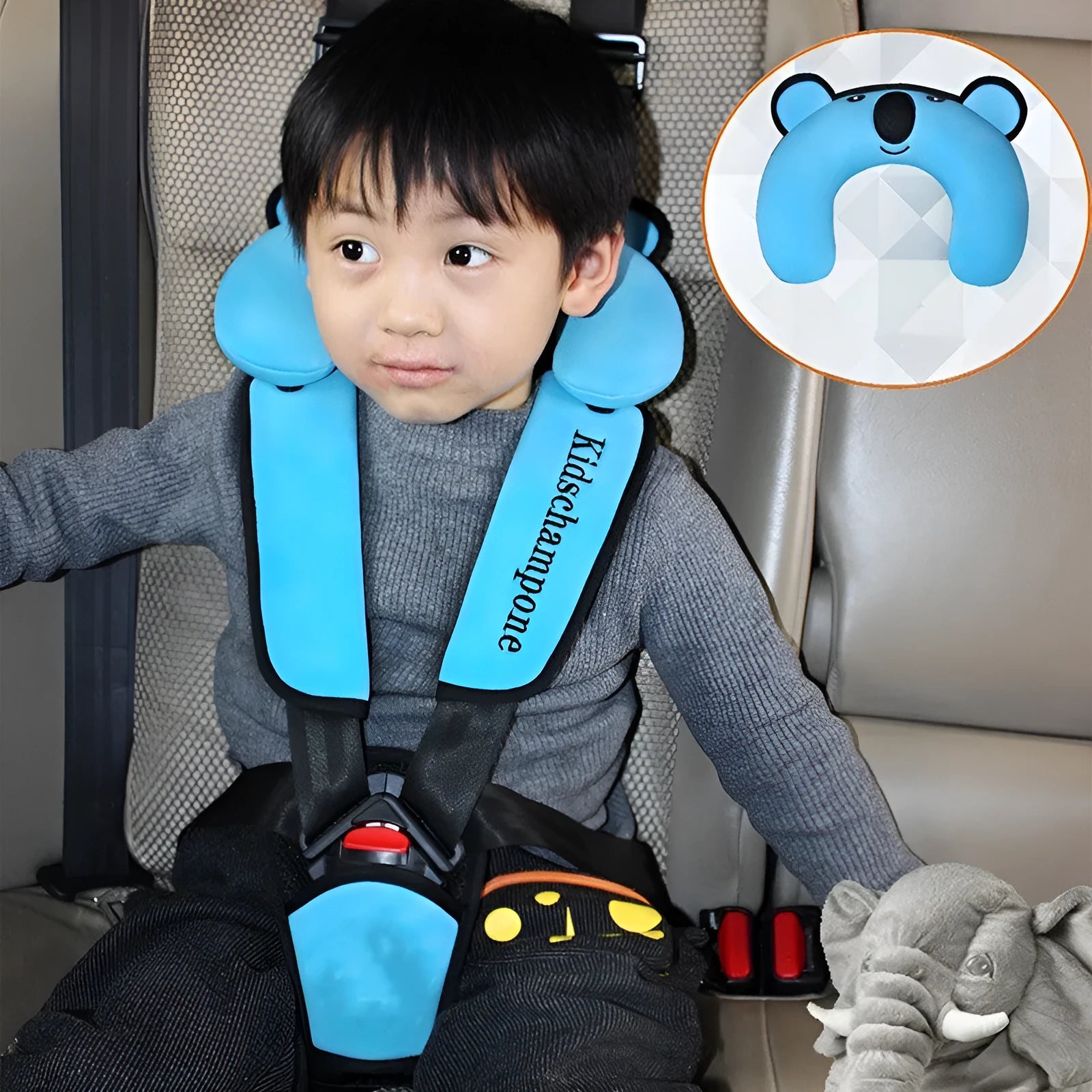 Portable child car seat belt retainer in red polyester fabric, showing seat dimensions.