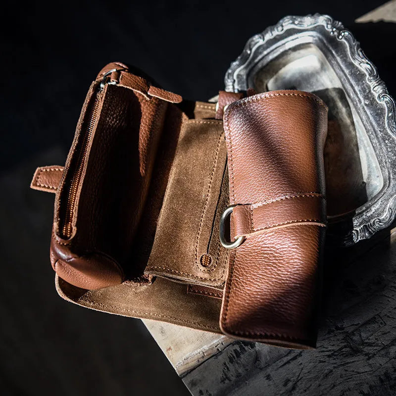 Handmade cow leather vintage bifold wallet in black or dark brown with tape extraction closure