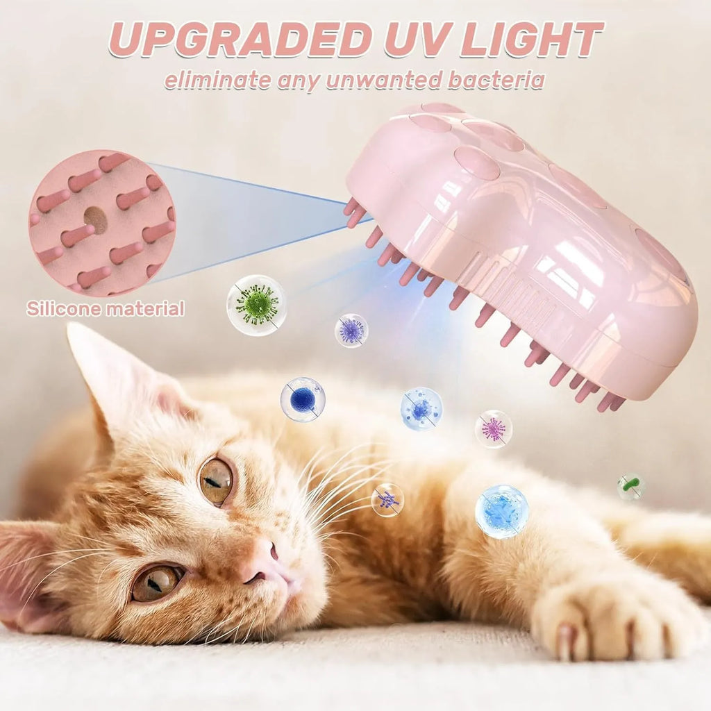 Blue self-cleaning cat steam brush with silicone massage bristles and a release button.