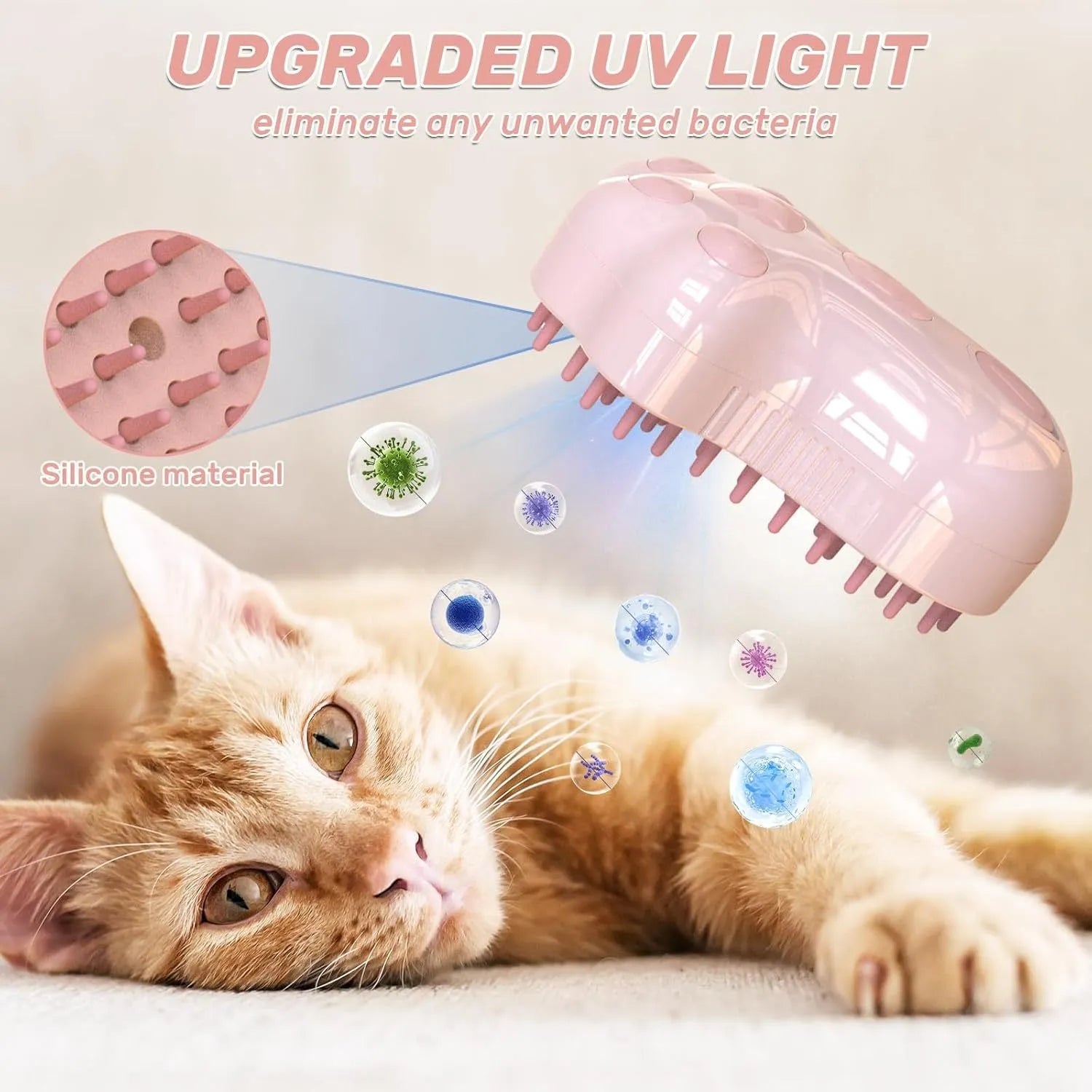 Blue self-cleaning cat steam brush with silicone massage bristles and a release button.