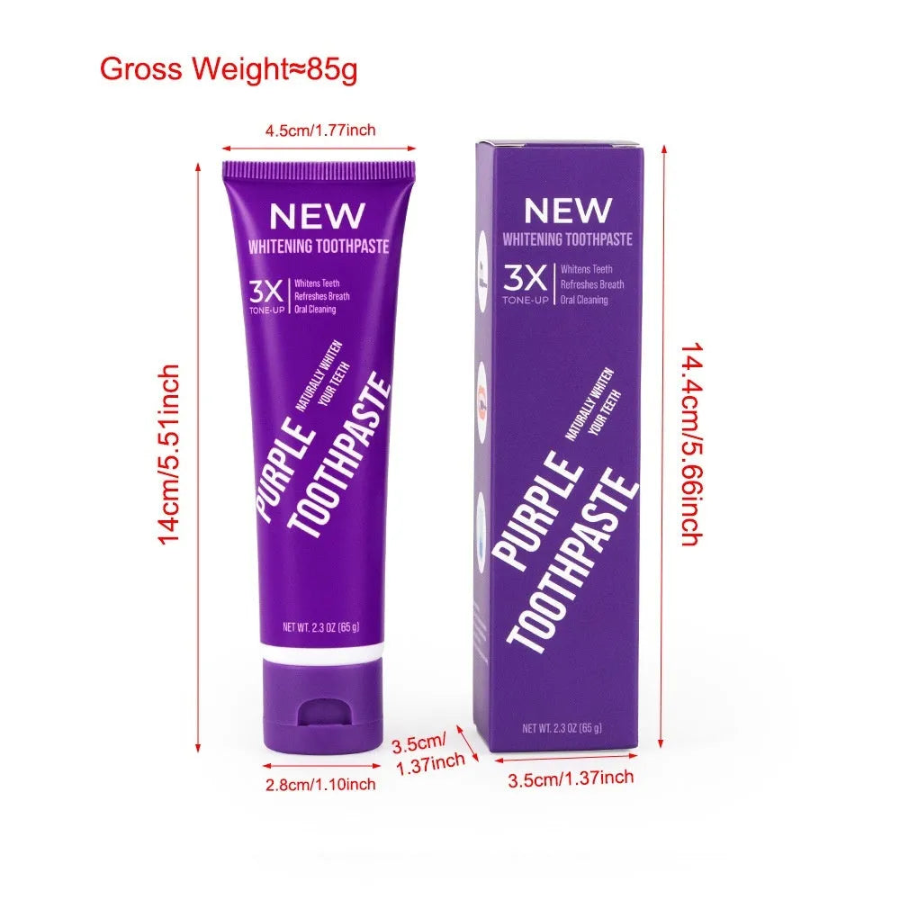 Purple whitening toothpaste tube for adults in 120g and 65g sizes