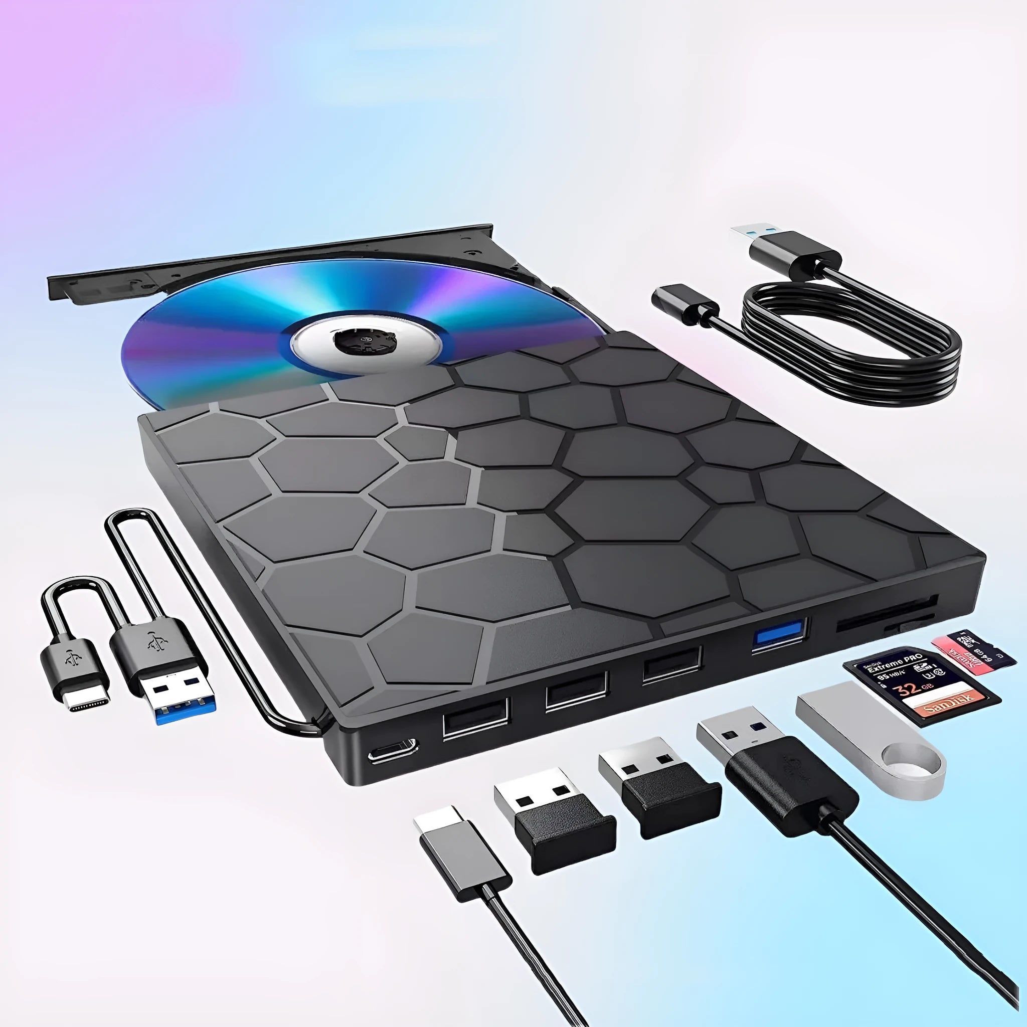 Black external USB CD writer drive with compact rectangular design